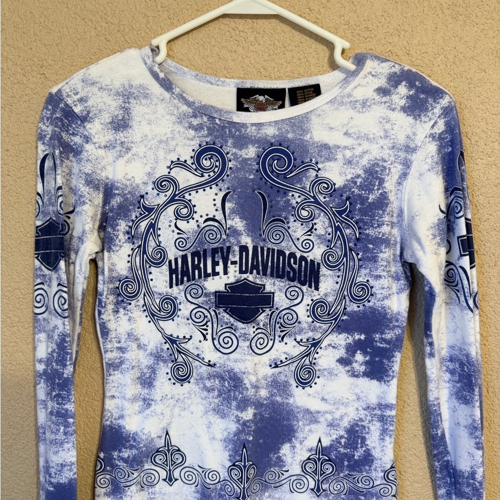 Harley-Davidson Blue and White Long Sleeve Tee